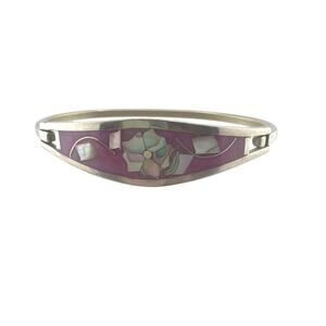 Vintage Mexican Alpaca Purple Enamel Abalone Floral Bangle Bracelet
